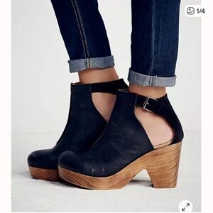 Free People Black Leather Women's Clogs with Wooden Heel